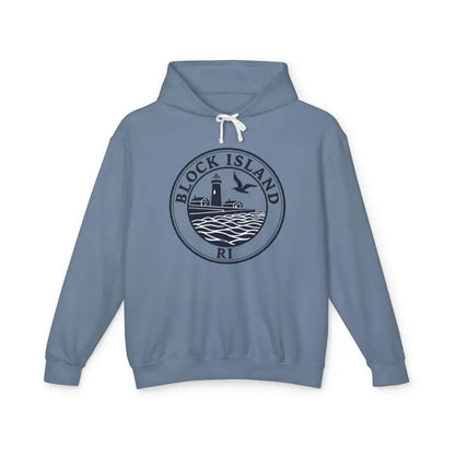 Blue Block Island hoodie featuring the Block Island RI Lighthouse design on sweatshirt