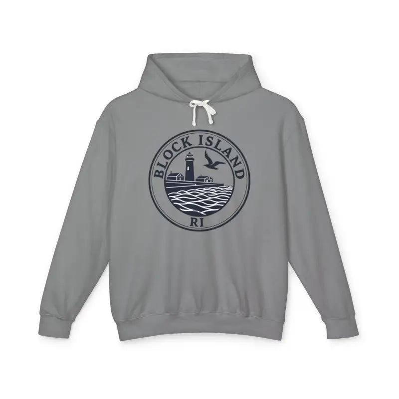Gray hooded sweatshirt featuring Block Island design and lighthouse graphic