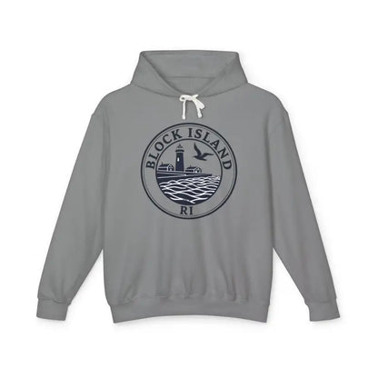 Gray hooded sweatshirt featuring Block Island design and lighthouse graphic