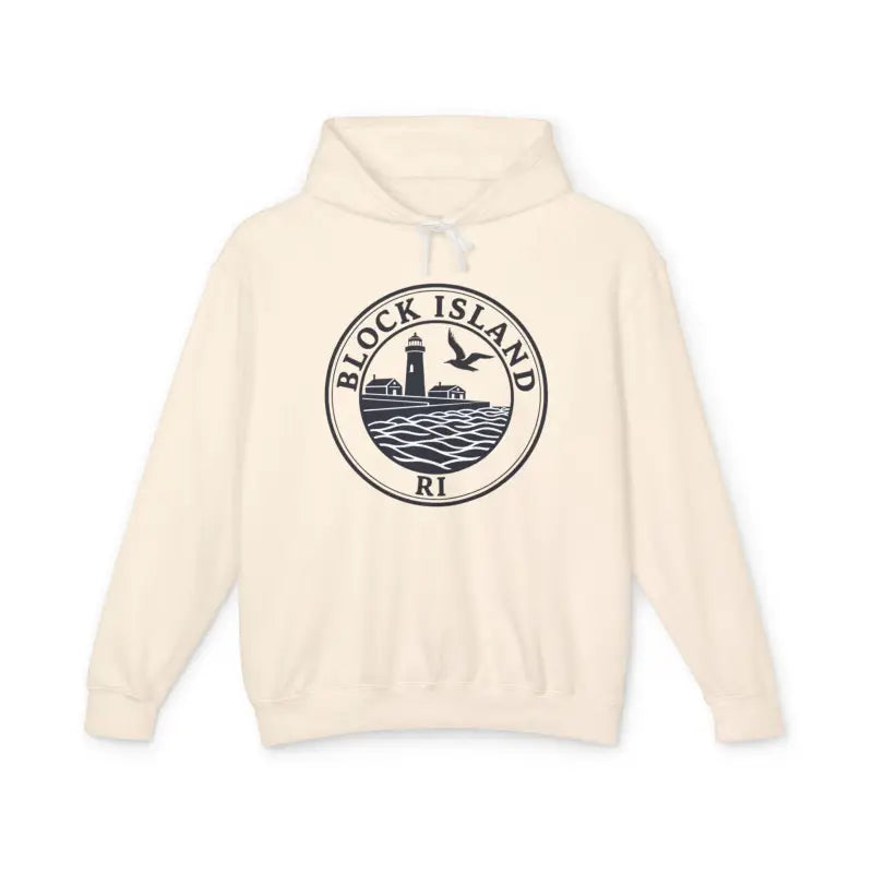 Cream-colored Block Island RI Lighthouse Hooded Sweatshirt displayed elegantly
