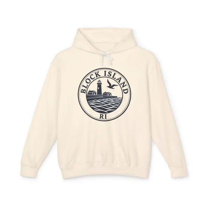 Cream-colored Block Island RI Lighthouse Hooded Sweatshirt displayed elegantly
