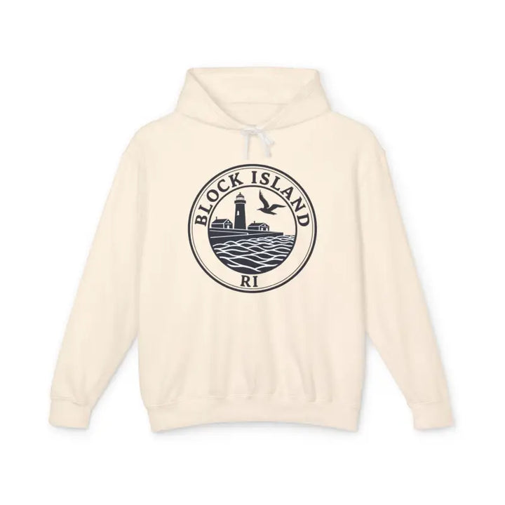 Ivory Block Island Lighthouse hoodie with black lighthouse graphic, front view