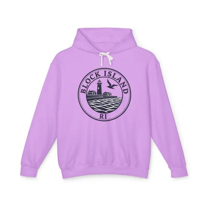 Lavender Block Island RI Lighthouse Hooded Sweatshirt displayed for purchase