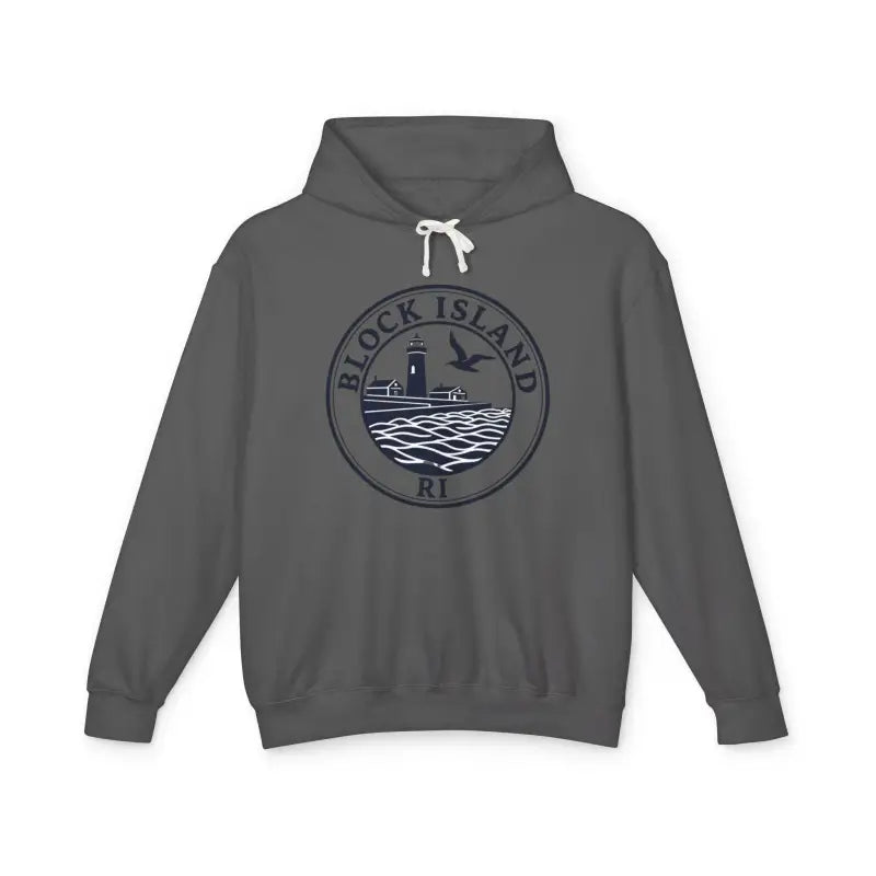 Gray hooded sweatshirt featuring Block Island RI Lighthouse design for casual wear