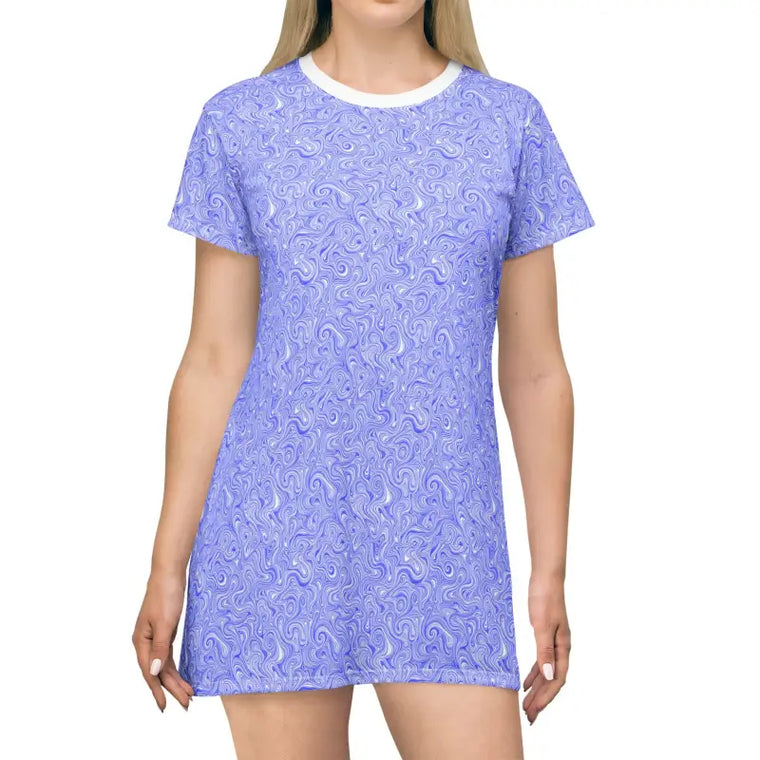 Blue And White Swirl Pattern T-Shirt Dress Lightweight Comfy Summer Wear - Ocean State Styles