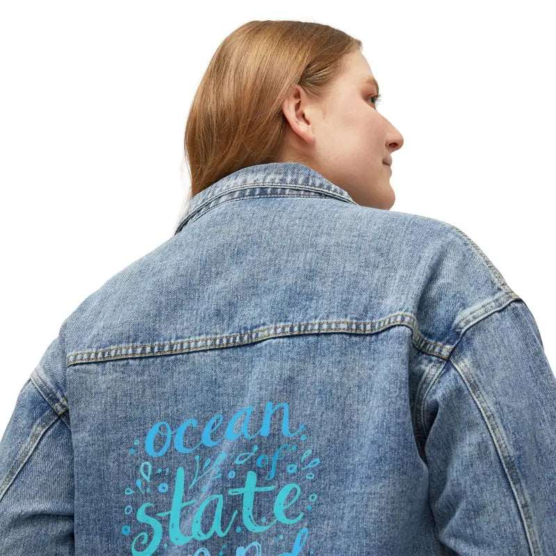 Light blue faded denim jacket featuring Ocean State of Mind graphic design