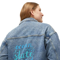 Light blue faded denim jacket featuring Ocean State of Mind graphic design