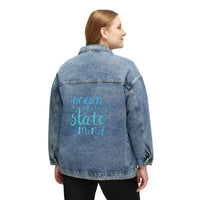 Blue denim jacket with Ocean State of Mind graphic on back for stylish casual wear