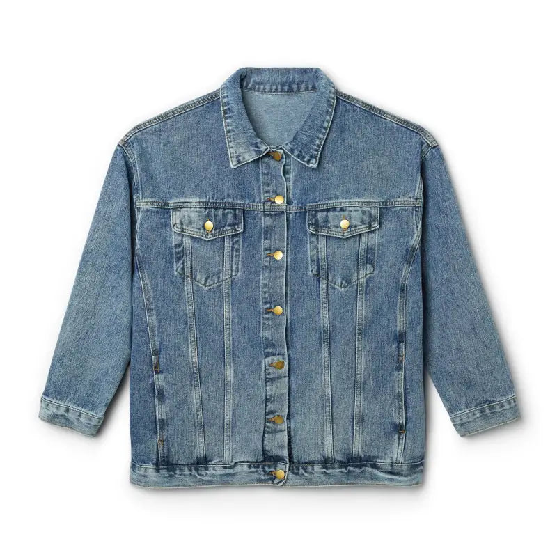 Light blue denim jacket with gold buttons and chest pockets from Blue Denim Jacket with Ocean State of Mind Graphic
