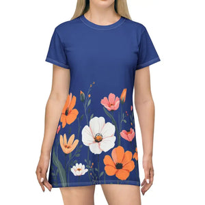 Blue Floral Print T Shirt Dress for Effortless Style - Ocean State Styles