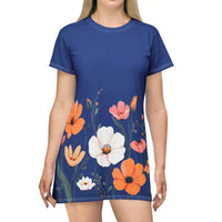 Blue Floral Print T Shirt Dress for Effortless Style - Ocean State Styles
