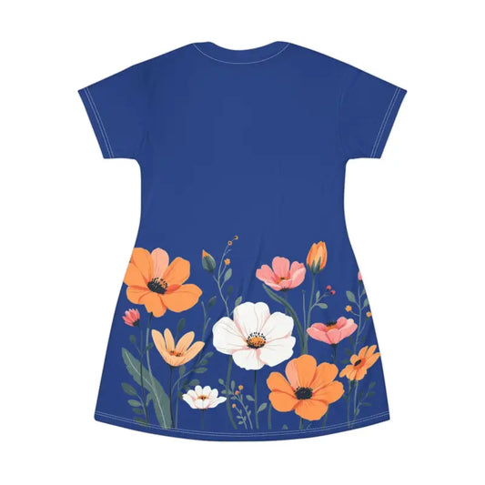 Blue Floral Print T Shirt Dress for Effortless Style - Ocean State Styles