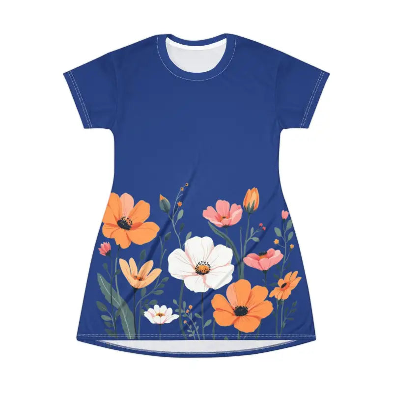 Blue Floral Print T Shirt Dress for Effortless Style - Ocean State Styles