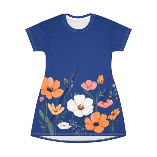 Blue Floral Print T Shirt Dress for Effortless Style - Ocean State Styles