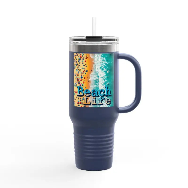 Blue Insulated 40oz Tumbler With Handle And Straw featuring a beach scene design