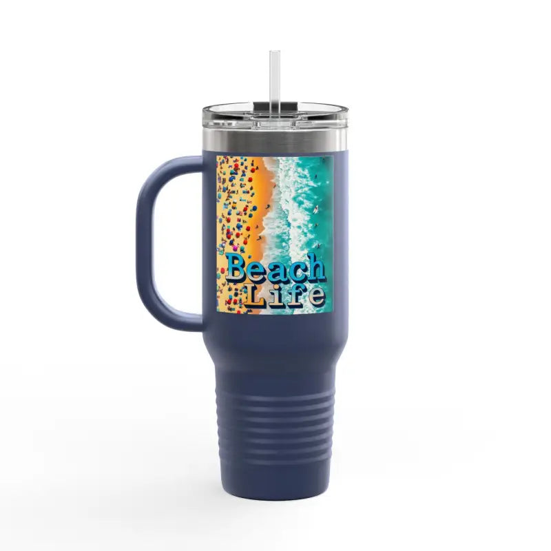Blue Insulated 40oz Tumbler With Handle And Straw featuring a beach scene design