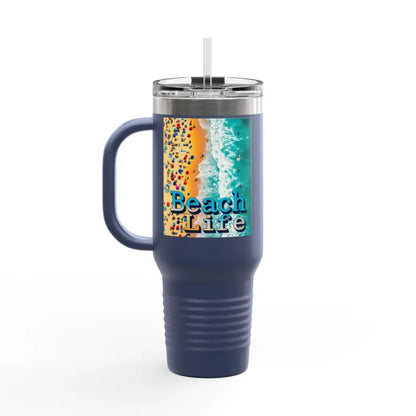 Blue Insulated 40oz Tumbler With Handle And Straw featuring a beach scene design