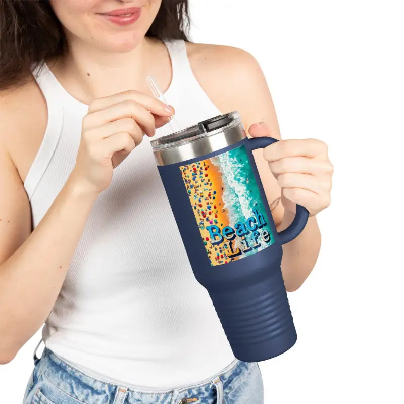 Blue Insulated 40oz Tumbler With Handle And Straw for travel and outdoor use