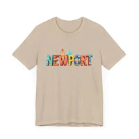 Beige crew neck t-shirt with colorful Newport Beach icons and starburst design