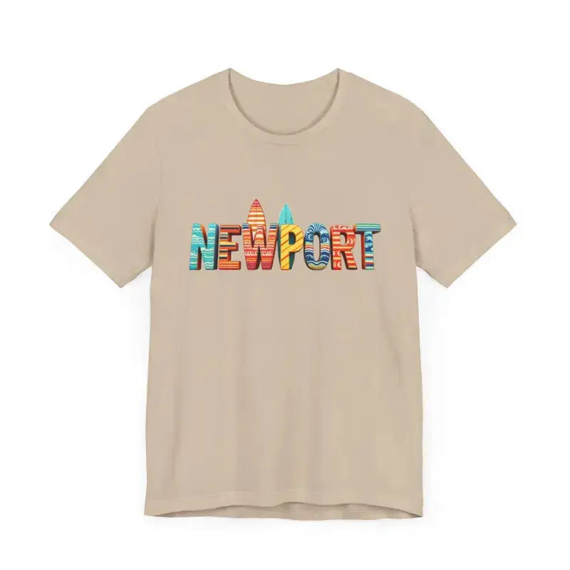 Beige crew neck t-shirt with colorful Newport Beach icons and starburst design