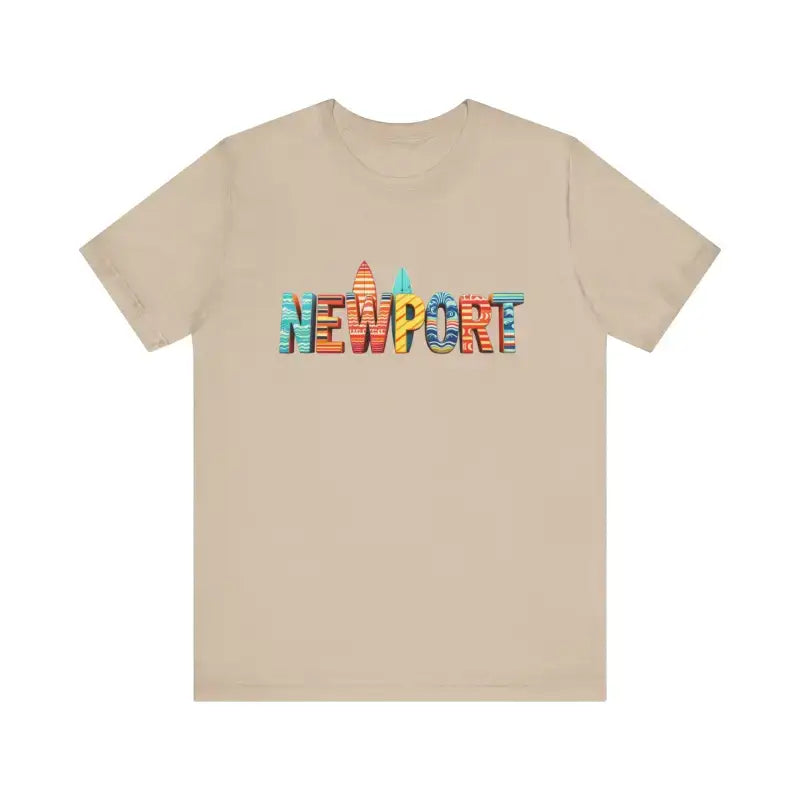 Beige t-shirt with colorful Newport Beach surfboard and palm tree design