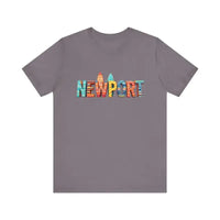 Charcoal gray crew neck T-shirt with colorful Newport Beach icons