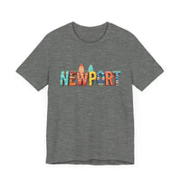 Charcoal heather Newport graphic tee with colorful surfboard design