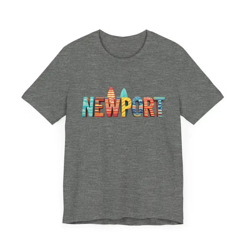 Charcoal heather Newport graphic tee with colorful surfboard design