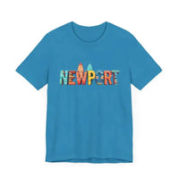 Blue Newport Beach Icons Crew Neck T-Shirt with colorful text and beach icons