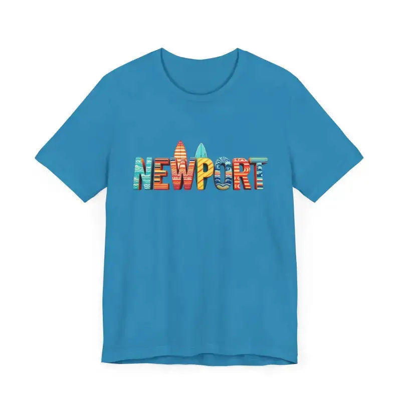 Blue Newport Beach Icons Crew Neck T-Shirt with colorful text and beach icons