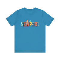 Blue Newport Beach Icons Crew Neck T-Shirt with colorful surfboard graphic