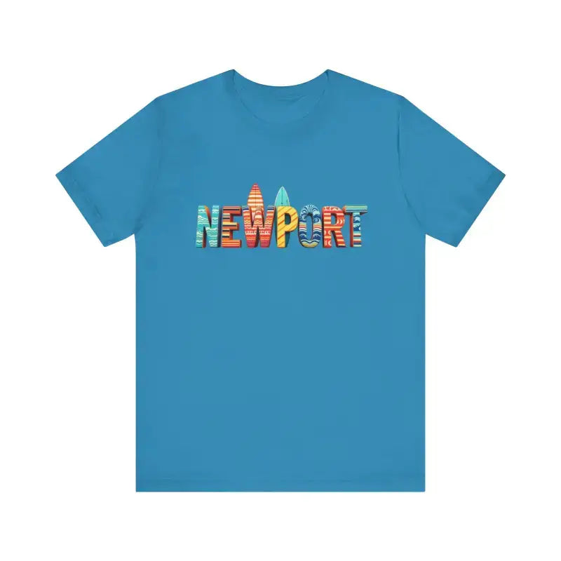 Blue Newport Beach Icons Crew Neck T-Shirt with colorful surfboard graphic