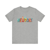 Heather gray Newport Beach icons crew neck t-shirt with colorful surfboard design