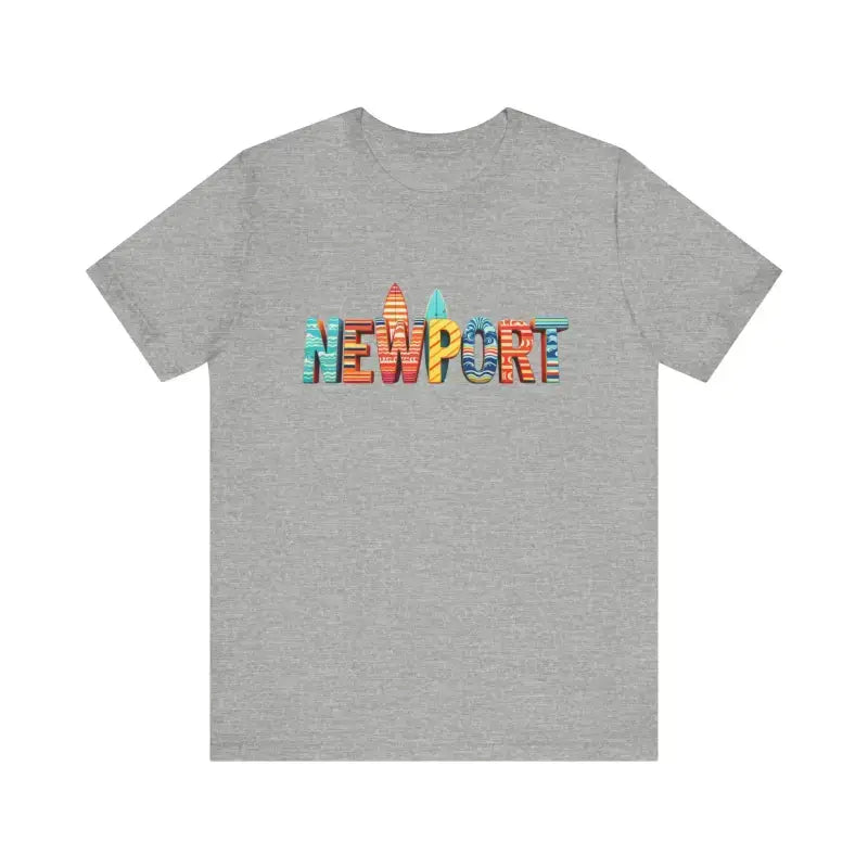 Heather gray Newport Beach icons crew neck t-shirt with colorful surfboard design