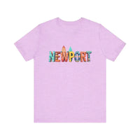 Lavender short-sleeve crew neck T-shirt with colorful Newport Beach icons design