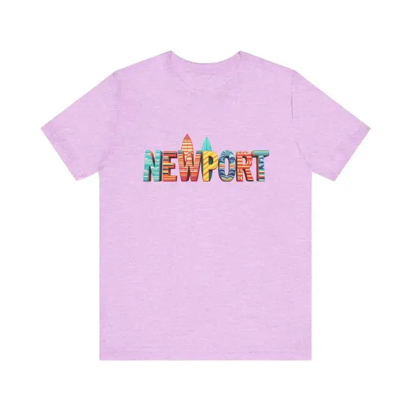 Lavender short-sleeve crew neck T-shirt with colorful Newport Beach icons design