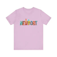 Lavender short-sleeve crew neck T-shirt with colorful Newport Beach icons design