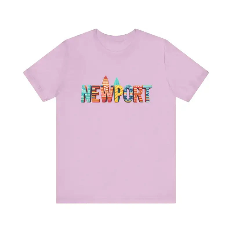 Lavender short-sleeve crew neck T-shirt with colorful Newport Beach icons design