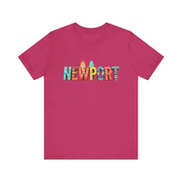 Magenta short-sleeved crew neck T-shirt with colorful Newport Beach icons design
