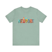 Mint green t-shirt with colorful Newport beach icons and palm trees