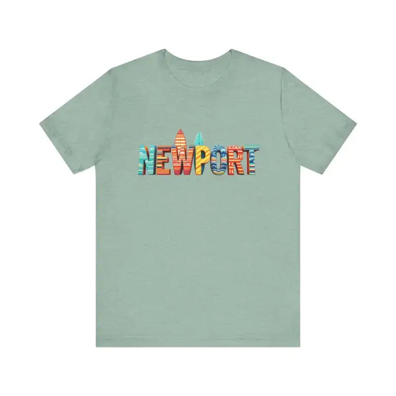 Mint green t-shirt with colorful Newport beach icons and palm trees