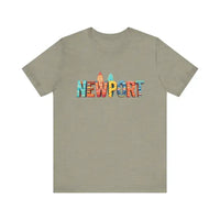 Olive green Newport Beach icons crew neck t-shirt with colorful text and beach icons