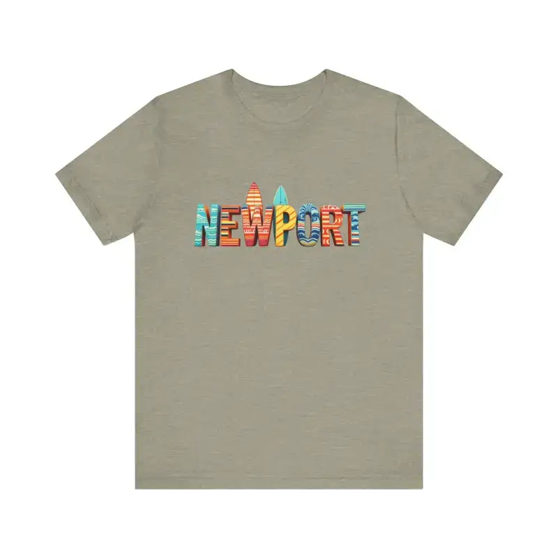 Olive green Newport Beach icons crew neck t-shirt with colorful text and beach icons