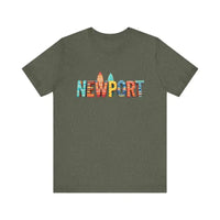 Olive green t-shirt with colorful Newport Beach surfboard design