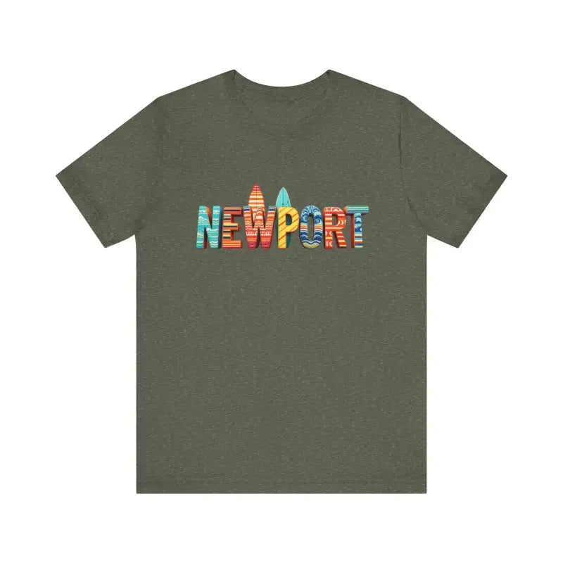 Olive green t-shirt with colorful Newport Beach surfboard design
