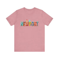 Pink short-sleeve crew neck t-shirt with colorful Newport Beach icons design