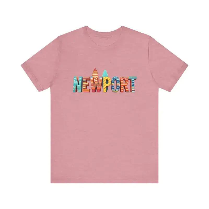 Pink short-sleeve crew neck t-shirt with colorful Newport Beach icons design