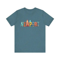 Teal Blue Newport Beach Icons crew neck t-shirt with surfboard design