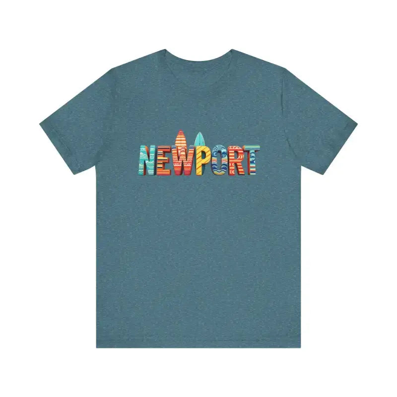Teal Blue Newport Beach Icons crew neck t-shirt with surfboard design