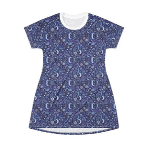 Blue Paisley and Celestial Print T Shirt Dress - Ocean State Styles